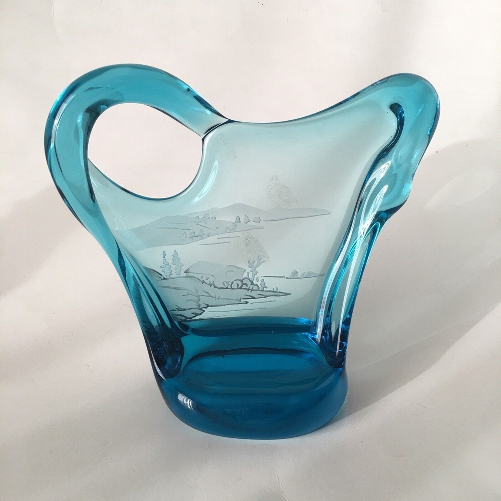 Blue Art Glass Etched Outdoor Scenery Stunning Unknown Artist - Picture 2 of 16